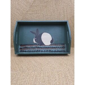 Hand Painted Wooden Serving Tray Folk Art‎ Rabbit Bunny Green Farmhouse Decor